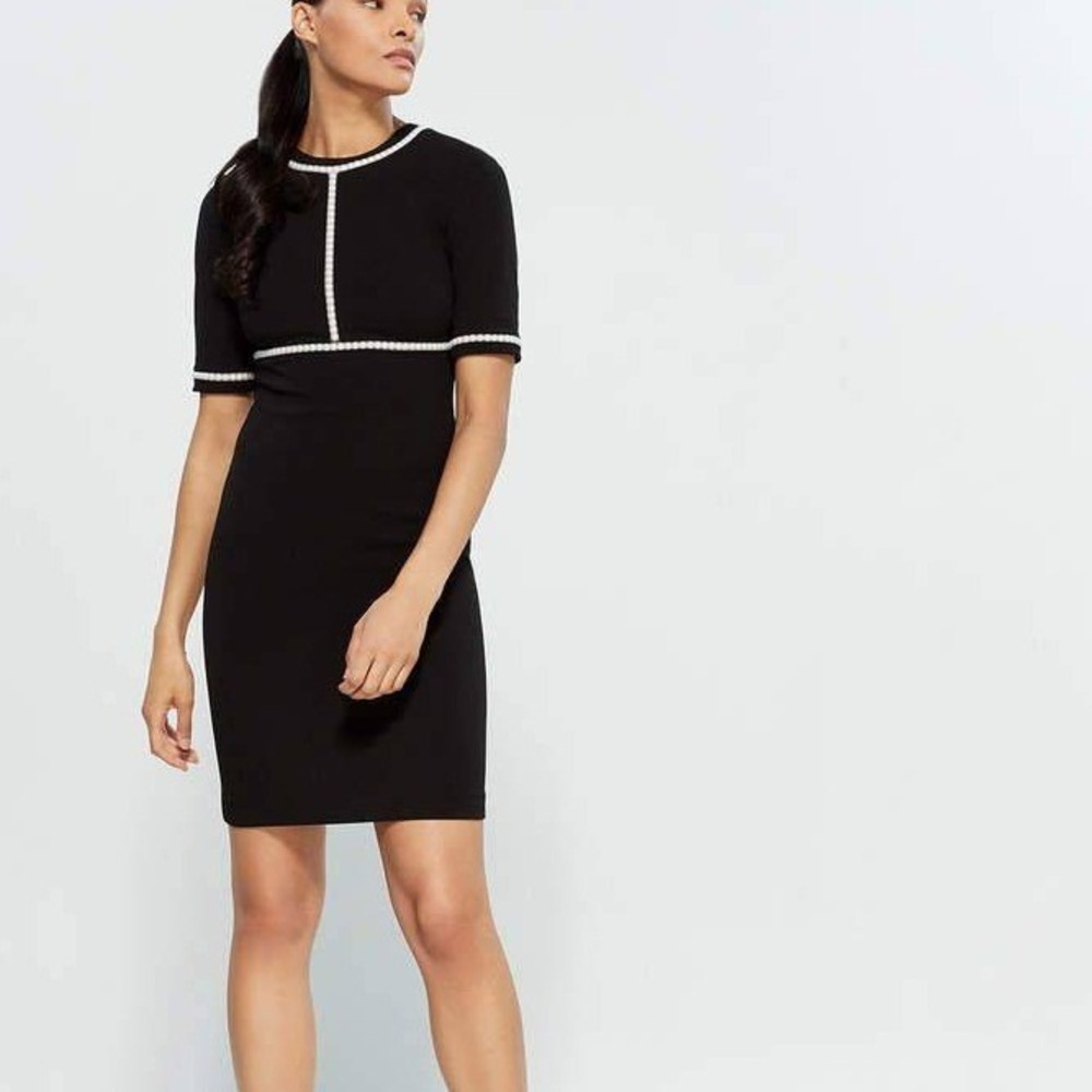 Karl Lagerfeld Black Faux Pearl‎ Trim Sheath Dress Short Sleeves Size 0